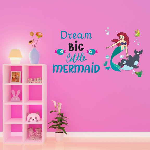 Dream Big Little Mermaid Dolphin Colorful Fish Salt Water Princess Creatures Seahorse Queen Sweet Dreams Bedtime Unicorn Lovely Dear Dream Decorating Wall Decal Sticker - Size: 20 In X 12 In