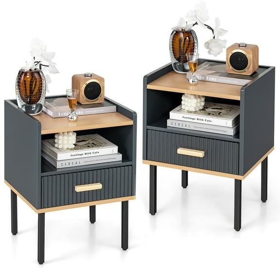 Costway Nightstand Bedside End Table with Drawer & Open Shelf for Living Room Bedroom
