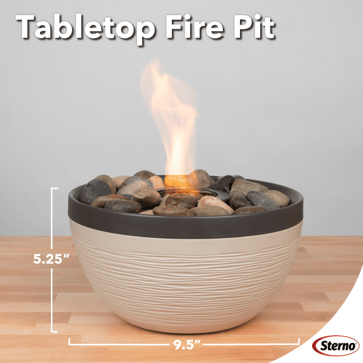 Sterno Tabletop Fire Pit Medium Smokeless Mini Fireplace for Indoor Outdoor Patio & Balcony Decor, Portable Fire Pit 9.5" x 5.25" - Cocoa & Sand