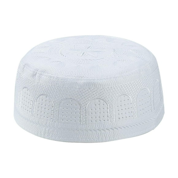 Milaget Breathable Islamic Muslim Mens Prayer Kufi Hat Beanie Embroidered Topi White