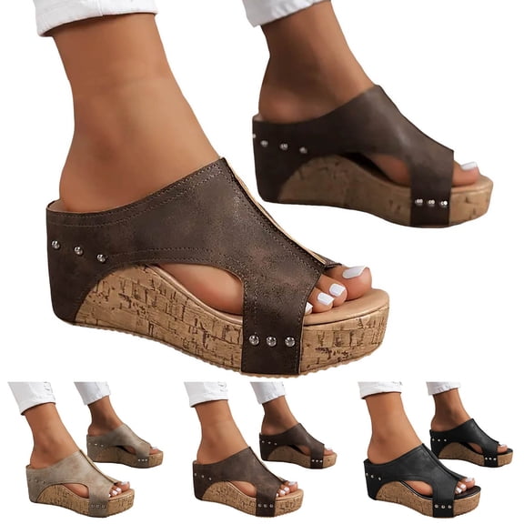 Pandaie Cork Wedges Sandals for Women Thick Sole Slip on Platform Slides Comfortable Open Toe Orthotic Casual Summer Dressy Shoes Black 6
