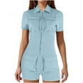 thumbnail image 1 of LOVZFMLL Women's Zip Pockets Color Work Lapel Jumpsuit Shorts Tight Jumpsuit Blue M, 1 of 4