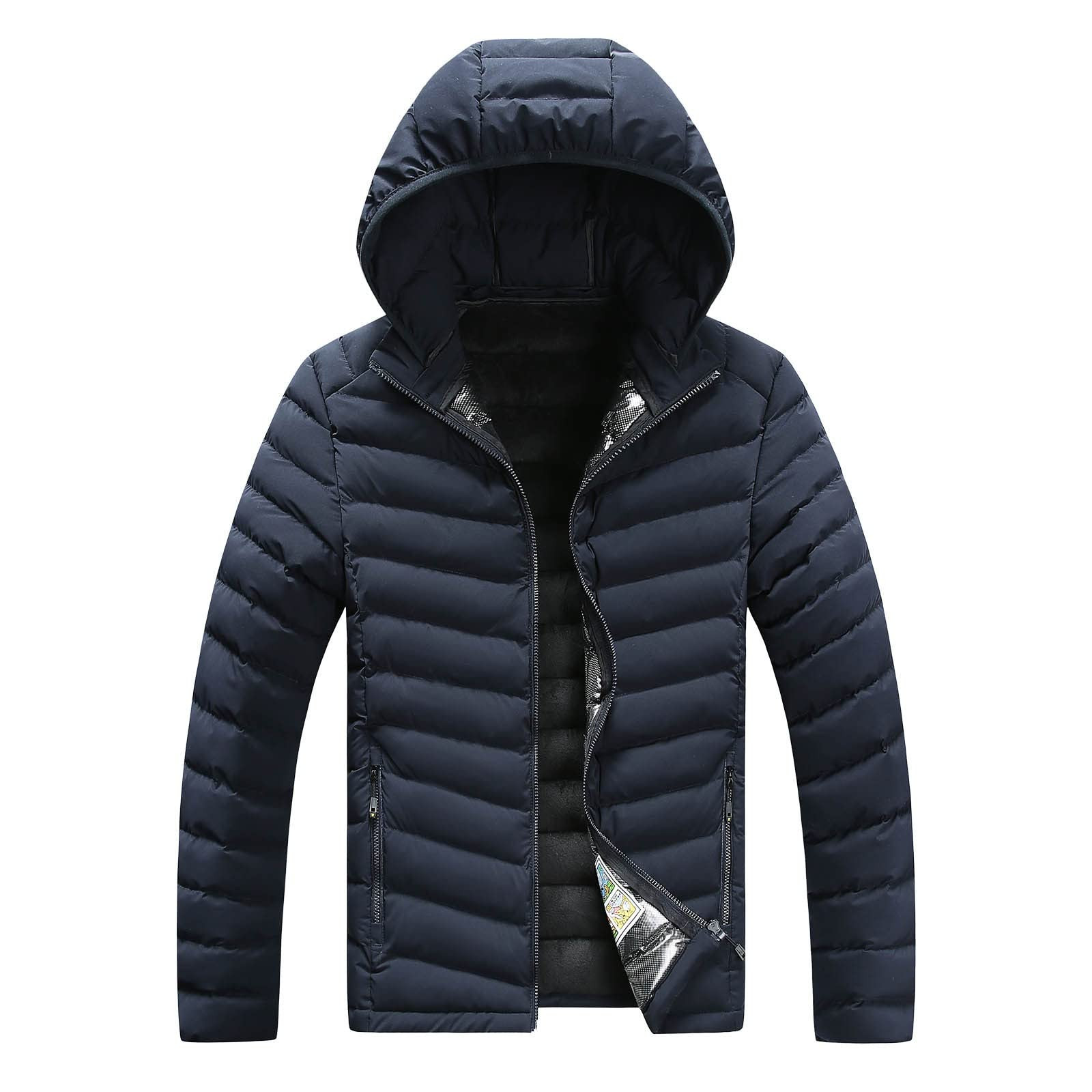 Mens Puffer Jacket with Faux Fur Hood Full Zip Up Hooded Winbreaker