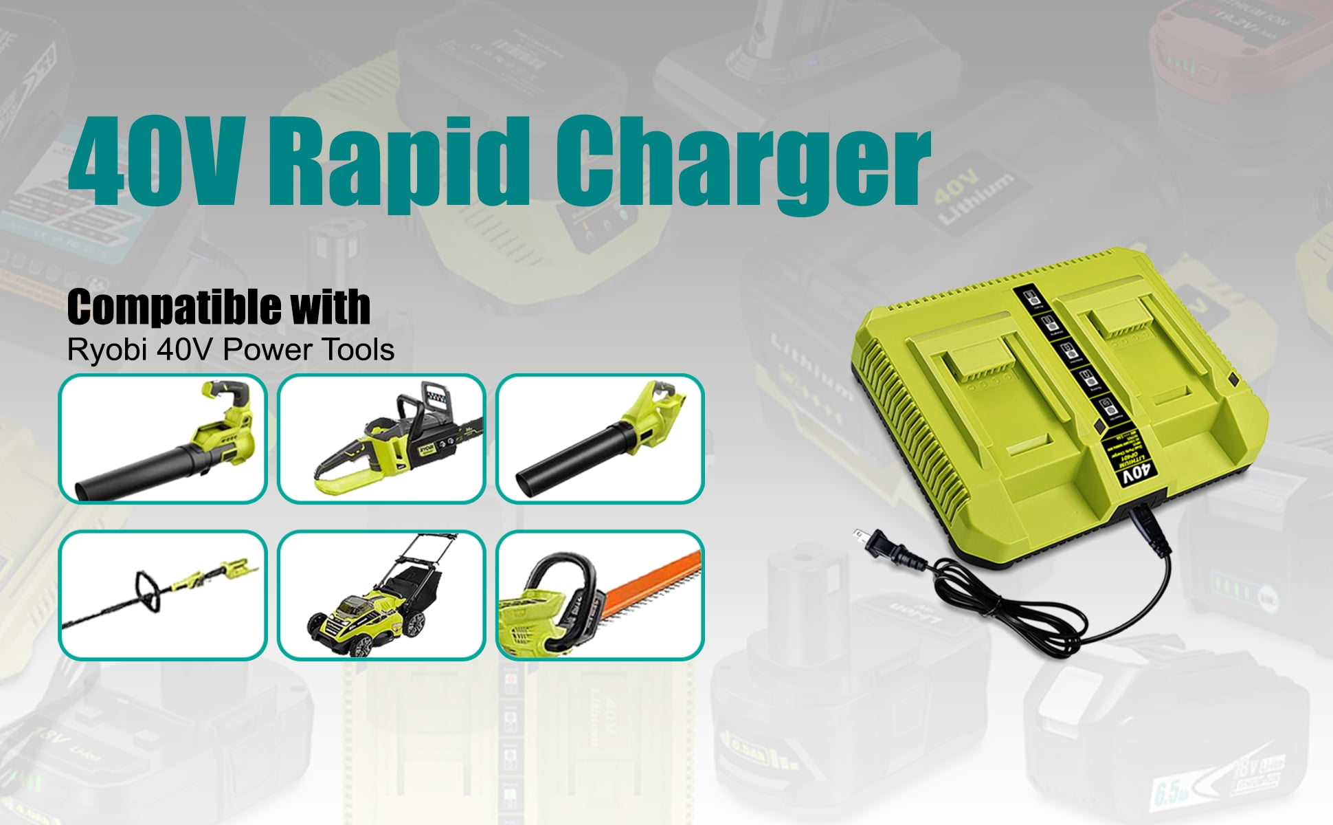 40V Dual Battery Charger Replacement for Ryobi 40V Rapid Charger OP401 OP403 OP404 OP406 OP407A OP40601 6Ah OP40602 4Ah OP4040 5Ah OP4050 Battery Fast Charger Ryobi 40 Volt 40V Dual Charger OP401