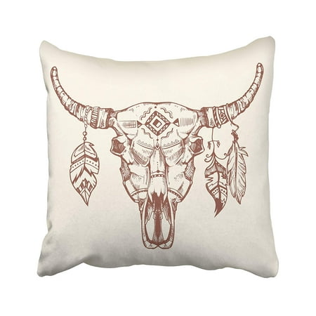 ARTJIA Bull Aztec Tribal Buffalo Skull Tattoo Dead Animal Cow Totem With Feathers Bone Pillowcase Cushion Cover 18x18