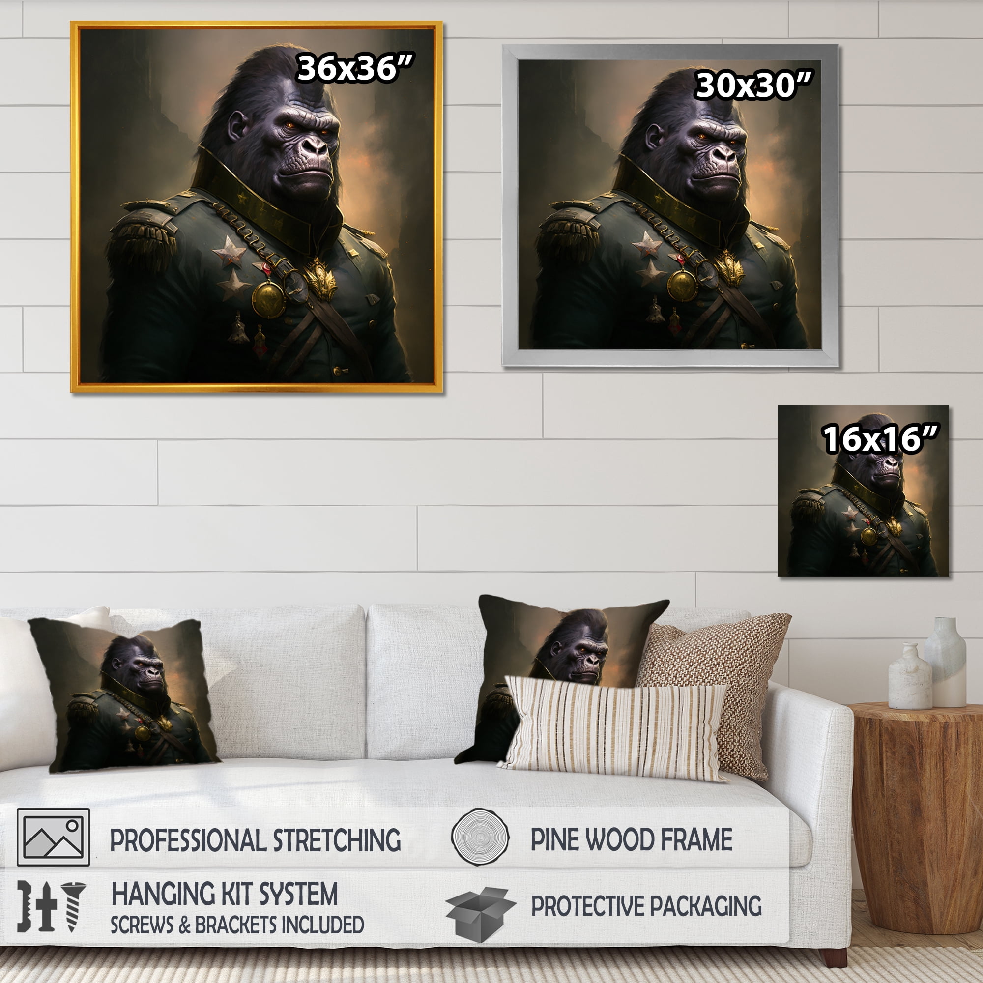 Designart Gorilla In Military Uniform Portrait Canvas Wall Art