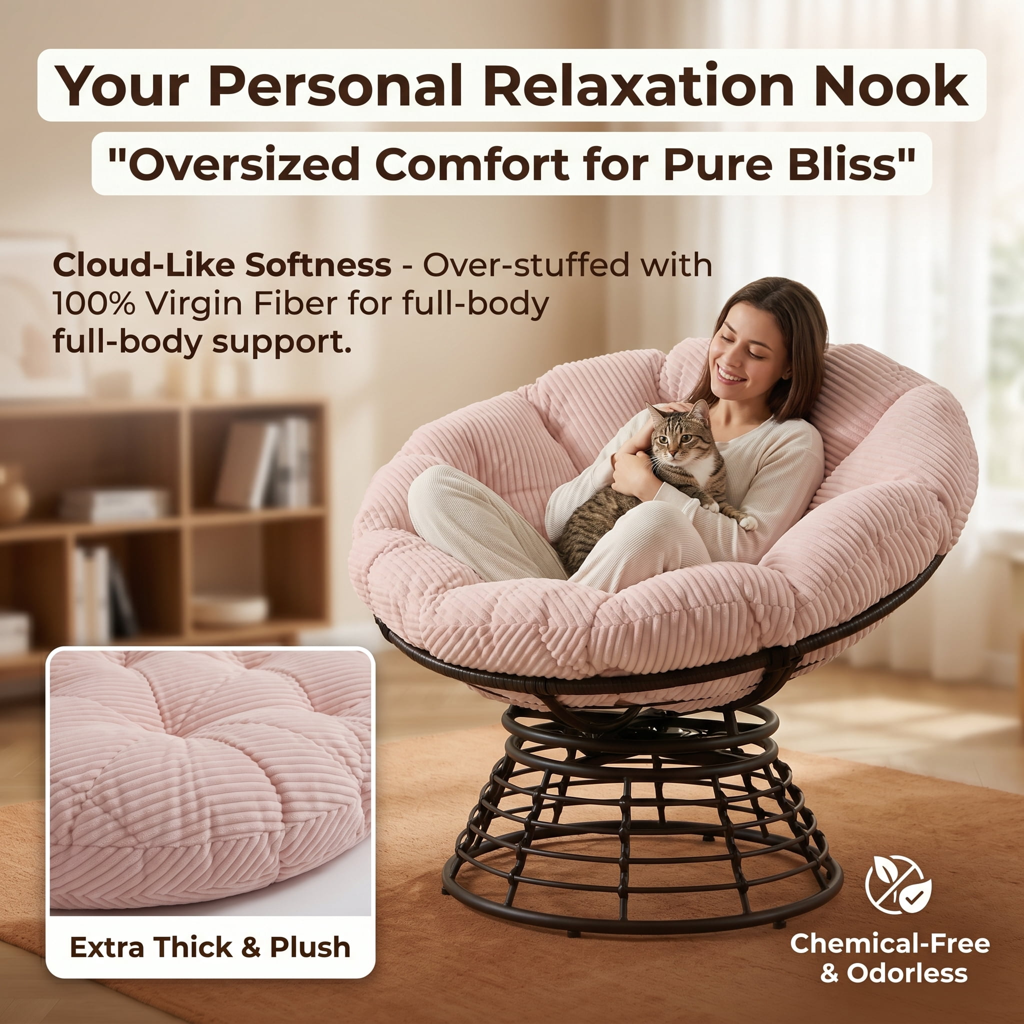 360° Swivel Wicker Papasan Chair with Ergonomic Over-Stuffed Cushion, Modern Rattan Saucer Chair for Living Room & Bedroom