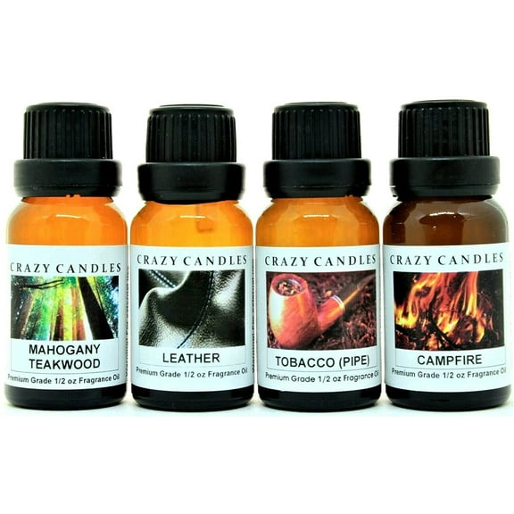 Crazy Candles 4 Bottles Set, Mahogany Teakwood, Tobacco (Pipe), Campfire, Leather 1/2 Fl Oz Each (15ml) Premium Grade Scented Fragrance Oils