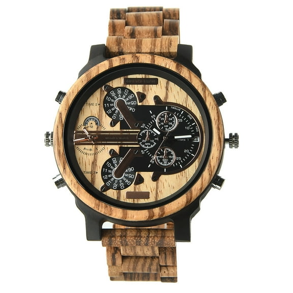 Men's Wooden Dual Time Zone Large Dial Quartz Watches Timepiece Environmentally Friendly Natural Wood Casual Wrist Watches for Man Gifts