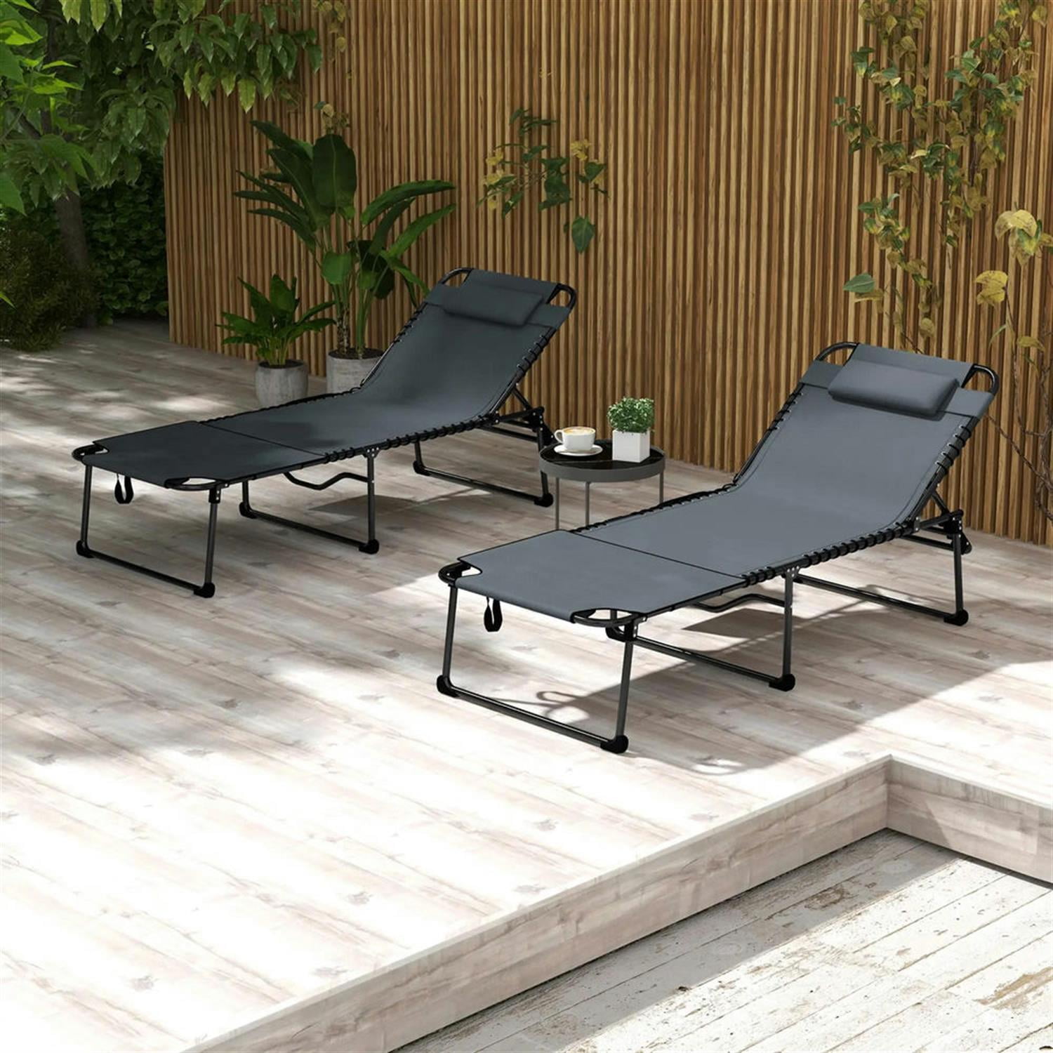 Demi Bonn 2 Piece Outdoor Folding Lounger Chaise with Reclining, Heavy Duty Frame, Portable Relaxation for Beach, Yard, Patio, Gray