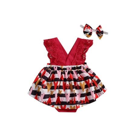 

DuAnyozu Baby Girls Rompers Headband Lace V Neck LOVE Striped Print Jumpsuits 2pcs