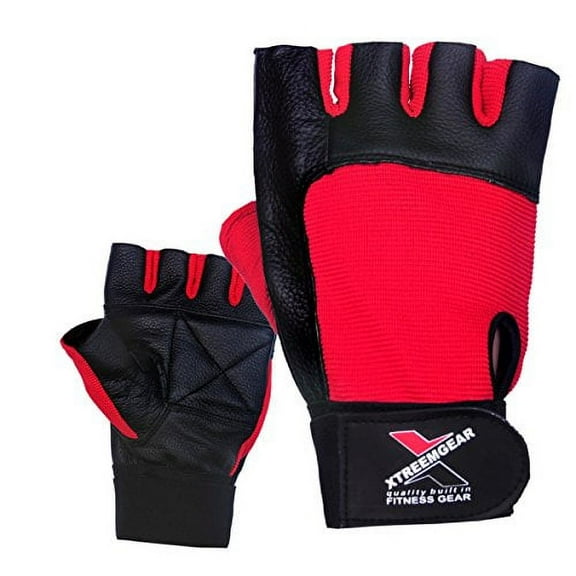 Weight Lifting Gloves Leather Fitness Training Gym Straps Workout Red G2R (S)