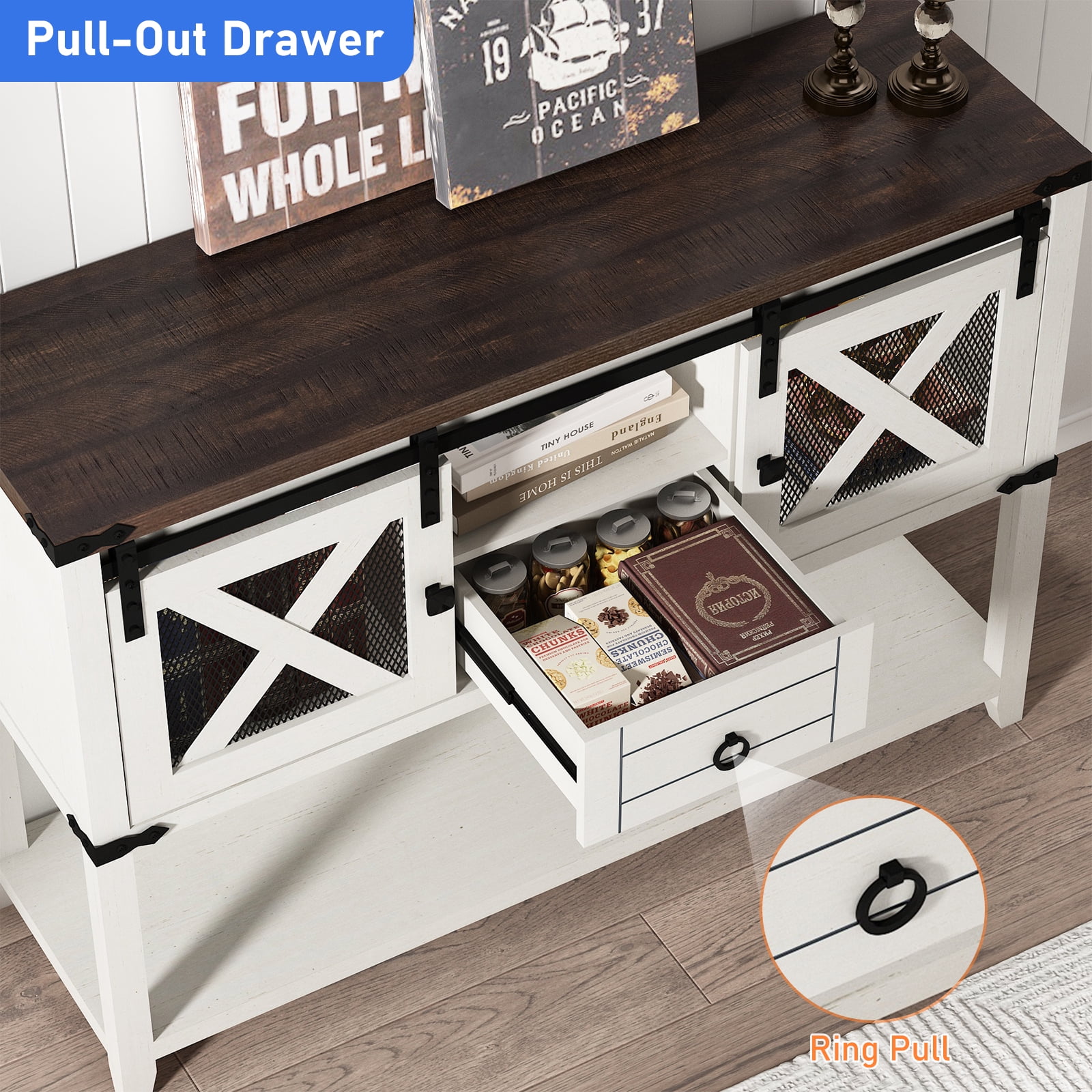 46'' Large Farmhouse Entryway Table with Sliding Barn Doors, Console Table Sofa Side Table with Storage Drawer for Hallway, Living Room(Antique White-Entryway Table)