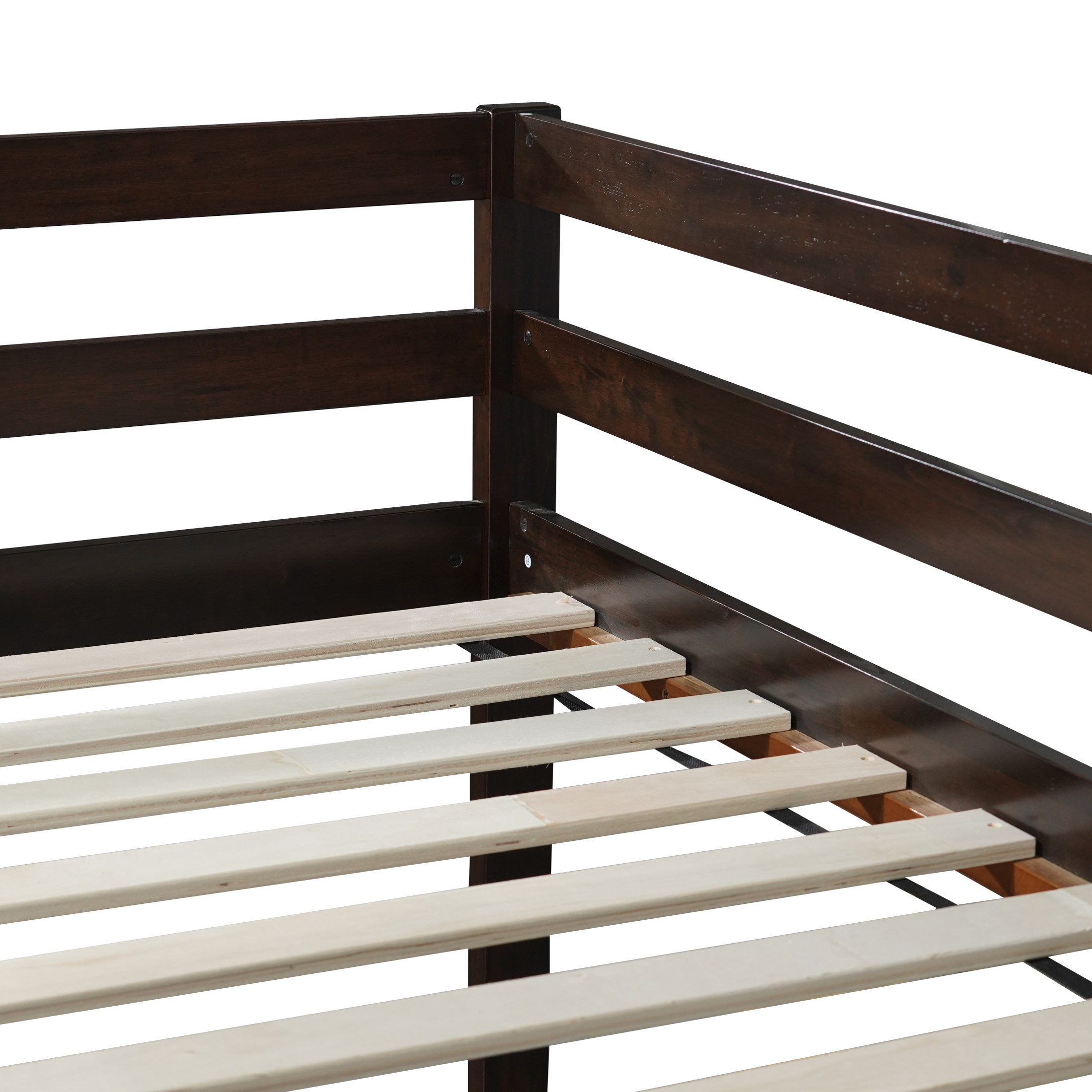 Noble House Jerome Twin Over Twin Floor Bunk Bed with Ladder, Solid Rubber Wood Frame with Strengthened Slats, Espresso
