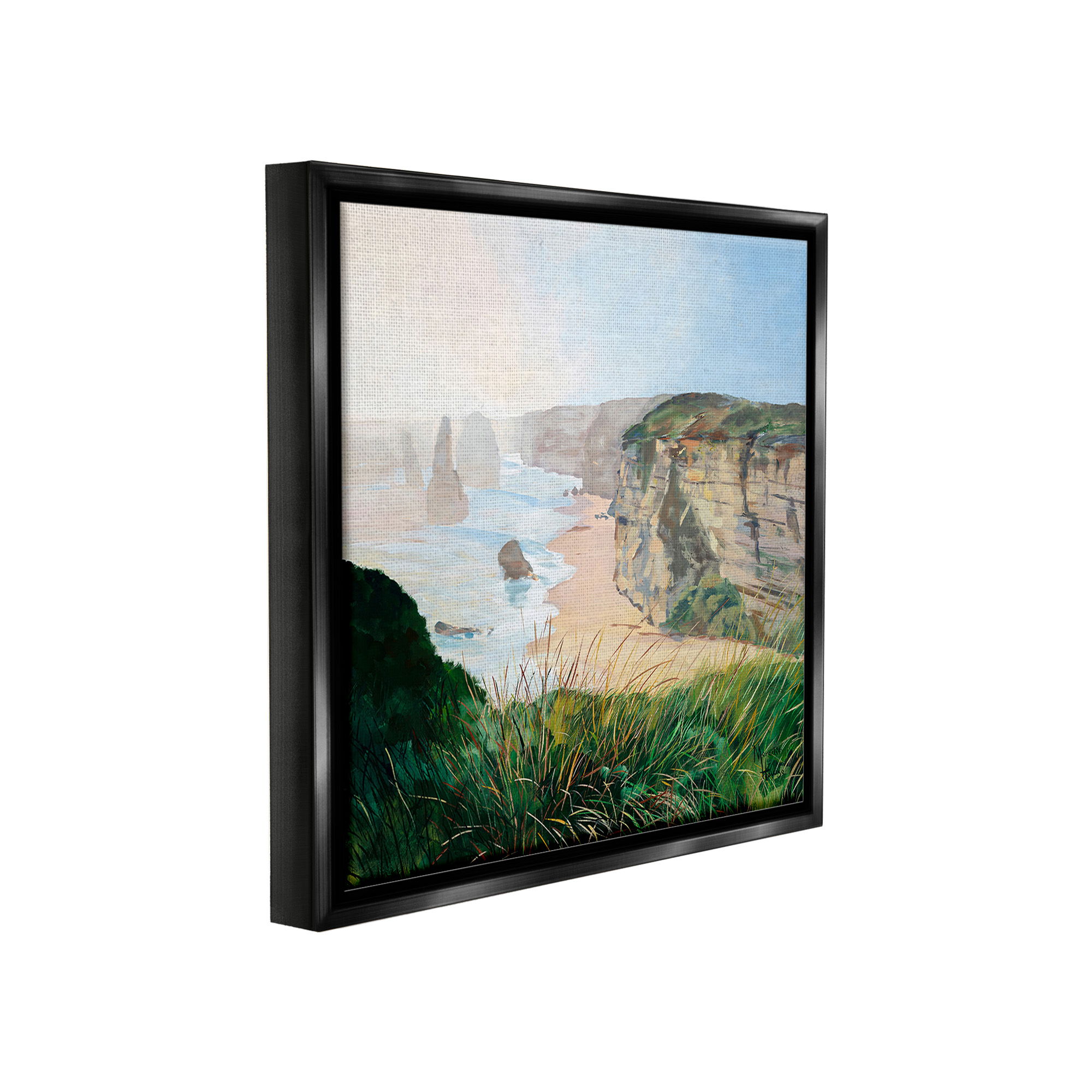 Stupell Industries Nautical Beach Cove Landscape Painting Black Floater Framed Canvas Art Print Wall Art, 18 x 18