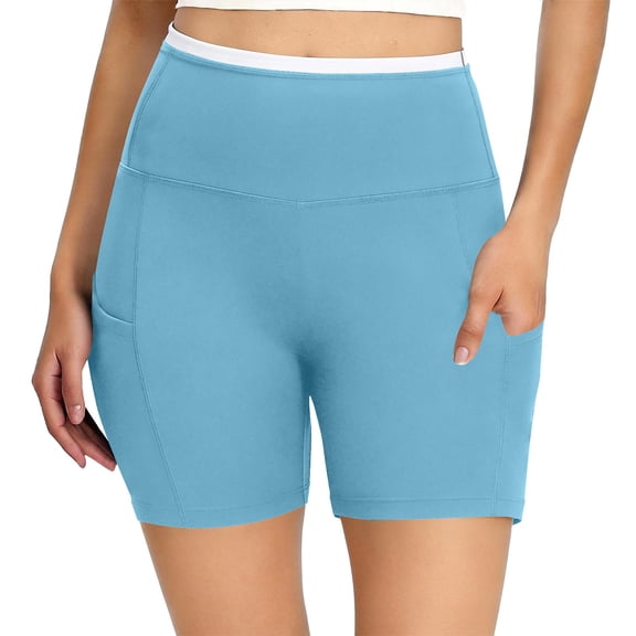 Black High Waist Yoga Shorts with Pockets, Stretchy Butt Lifting Workout Leggings Biker Shorts Light Blue 3XL