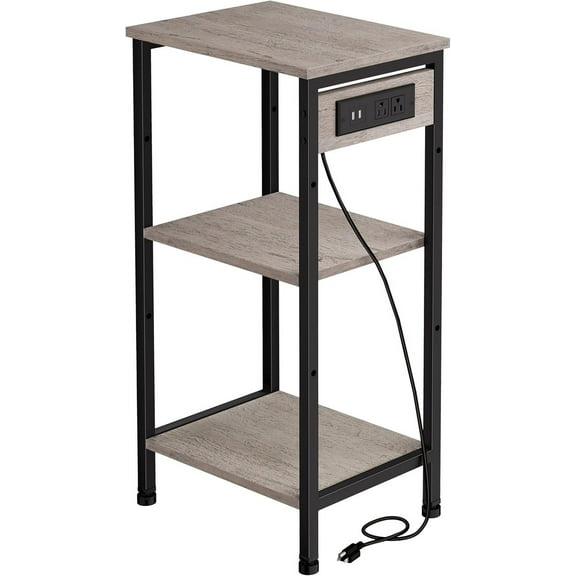 Tall End Table with Charging Station, 3 Tier Narrow Beside Table with Adjustable Shelf, Tall Side Table Nightstand for Bedroom, Living Room Coffe Table, Office, Greige