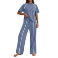 thumbnail image 5 of QATAINLAV Two Piece Sets for Women Summer Workout Outfits Mock Neck Short Sleeve Tees Tops and Side Slits Wide Leg Pants Matching Sweatsuit Blue S, 5 of 8