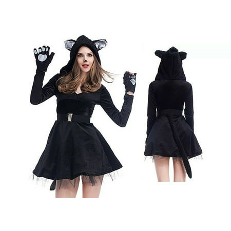 Women's Deluxe Black Feline Sexy Cat Dress, halloween Costume 4 Piece