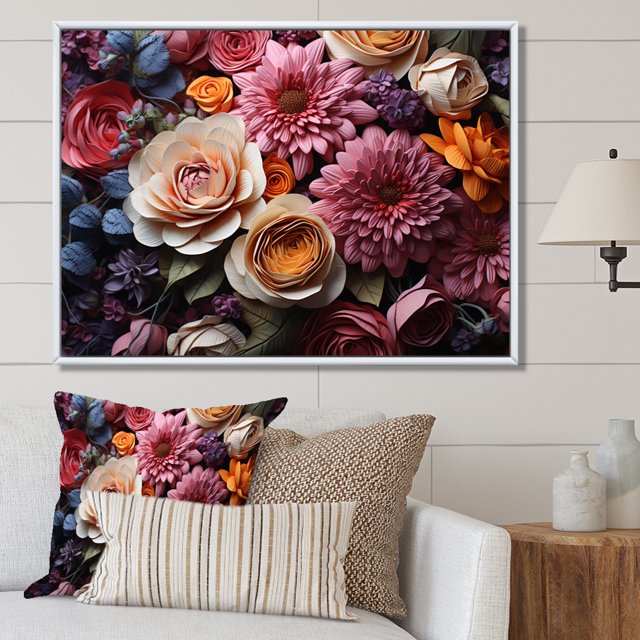 Designart Roses framed wall art decor, Roses framed wall Art, Rhapsody of Roses , Pink Modern White Framed Wall Art, 20x12 inches White Color Frame