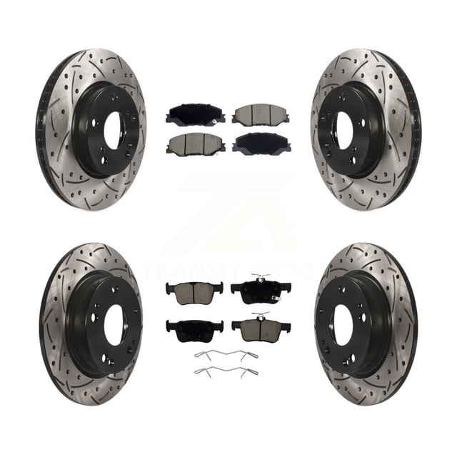 Transit Auto Front Rear Coated Drilled Slotted Disc Brake Rotors and Ceramic Pads Kit for Car 2019-2022 Honda Insight KDC-101290