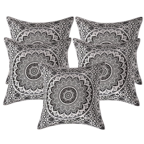 Stylo Culture Ethnic Couch Throw Pillow Covers 16x16 Printed Floral Grey White Traditional 40x40 cm Home Decor Cotton Mandala Ombre Square Cushion Covers | Set Of 5