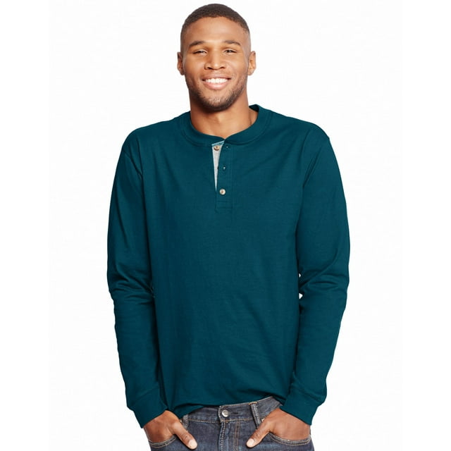 Hanes Hommes Beefy-T Manches Longues Henley, 3TG, Turquoise Pétrole
