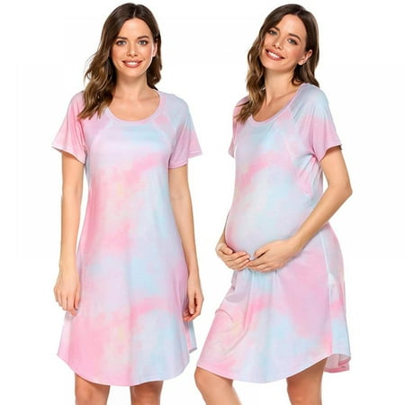 

Monfince Women Maternity Tie-dyed Nightshirt O-neck Short Sleeve Nightdress