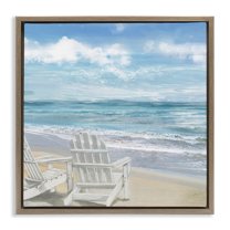 Stupell Industries White Adirondack Chairs on Beach Landscape Painting Brown Floater Framed Canvas Art Print Wall Art, 18 x 18