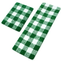 Unique Bargains Soft 2Pcs Microfiber Plaid Bath Rugs Green & White 17"x24"&17"x47"