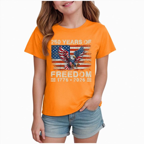 Splozh Kids 4th of July Shirts 1-14 Years Summer Patriotic Short Sleeve Girls Tops, USA Patriotic Daily Shirts,Orange,9-10 Years
