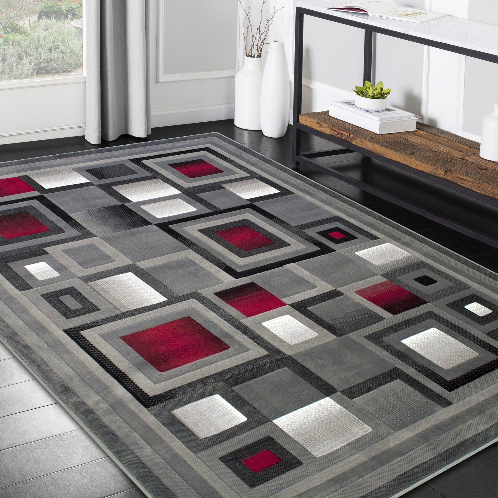 Handcraft Rugs Red Lava/Silver/Gray Abstract Geometric Modern Squares  Pattern Area Rug 8 ft. by 10 ft. - Walmart.com