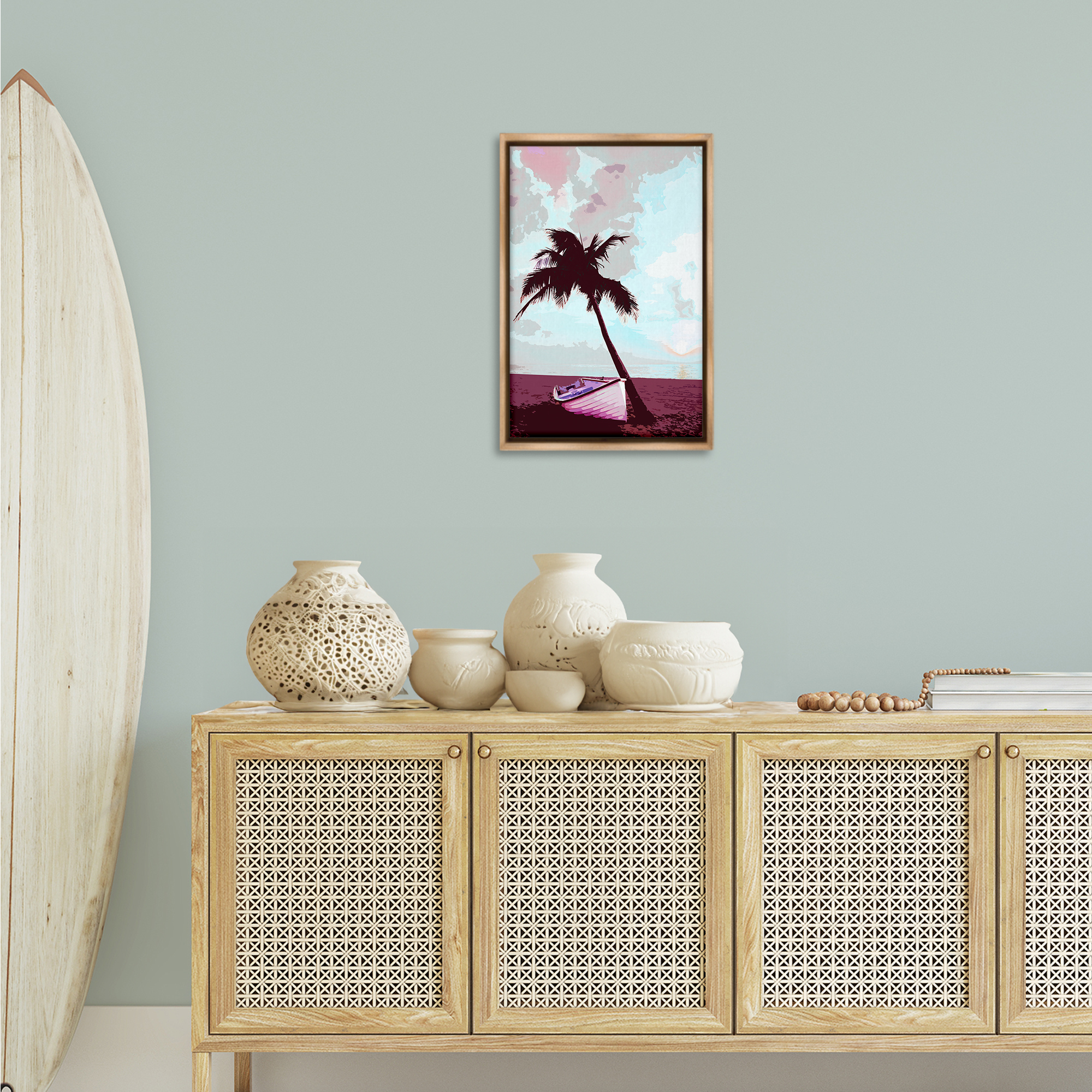 Stupell Industries Boat & Palm Tree Landscape Painting Brown Floater Framed Canvas Art Print Wall Art, 17 x 25