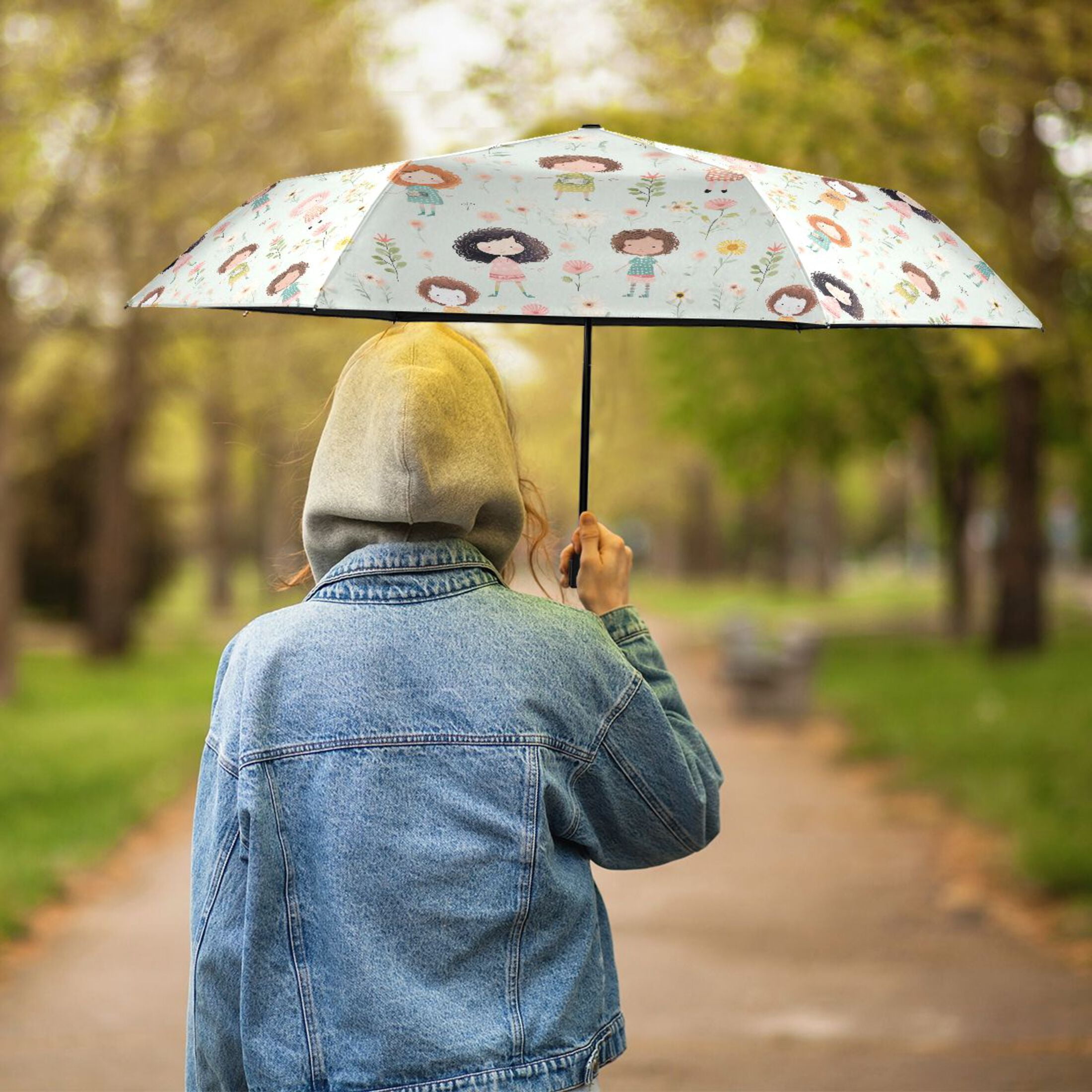 Little Girl and Flower Compact Sun Umbrella Windproof Travel Umbrellas for Rain Strong Portable UV Protection