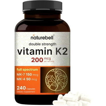 Vitamin K2 Supplement with MK-7 & MK-4, 200 mcg, 240 Capsules | 2 in 1 Formula, K Vitamins Complex – Supports Bone, Joint, and Heart Health – Non-GMO
