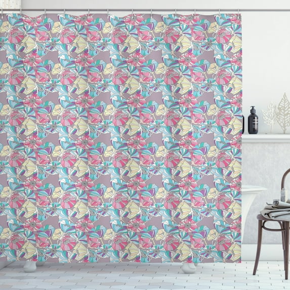 Cherry Blossom Shower Curtain, Fantastic Floral Design of Repeating Mingled Petals Artistic Nature Print, Fabric Bathroom Set with Hooks, 69W X 84L Inches Extra Long, Multicolor, by Ambesonne