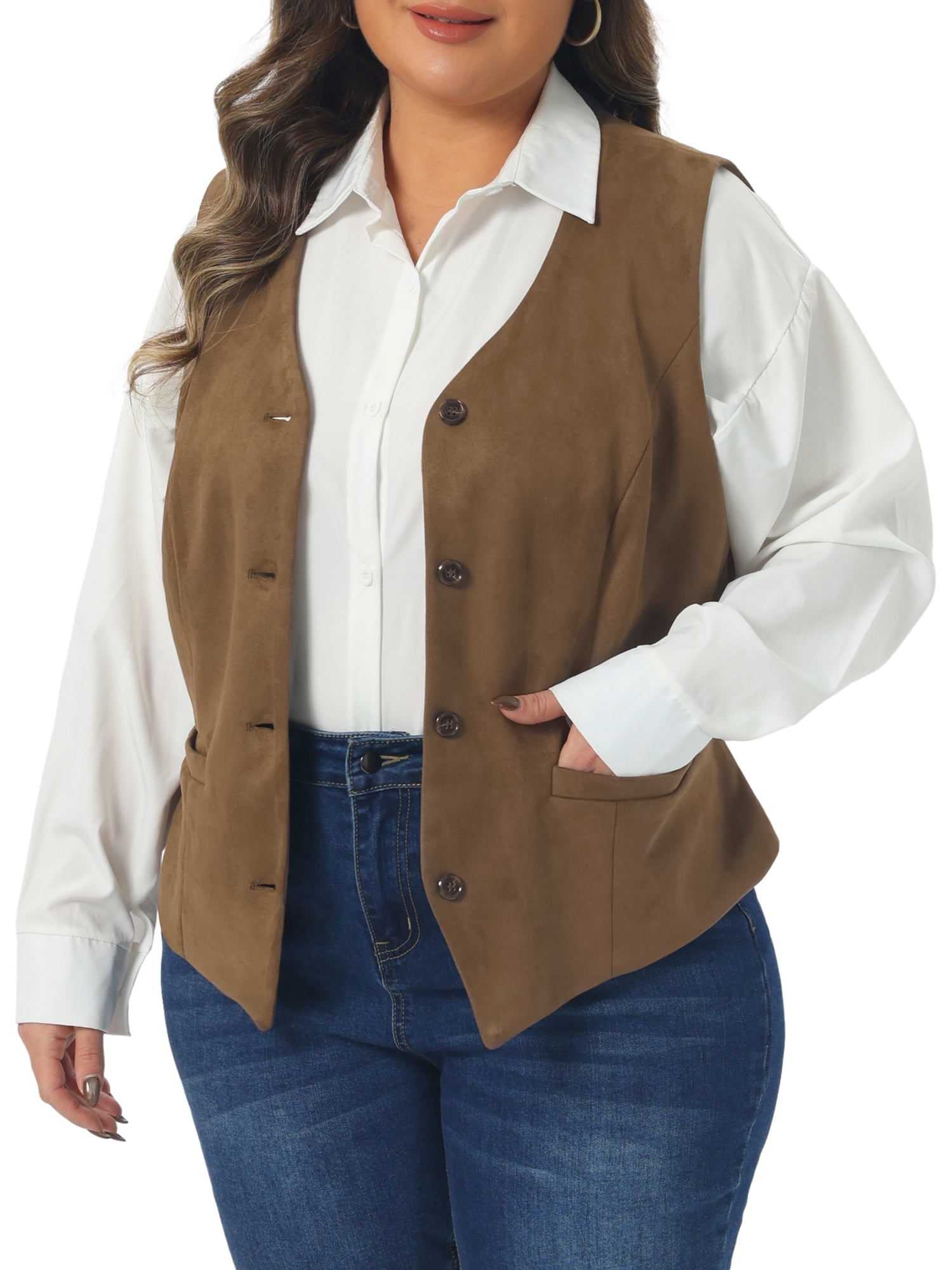 DARING DIVA Women's Plus Fully Lined 4 Button V-Neck Dressy Suit Vest 2X Coffee Brown