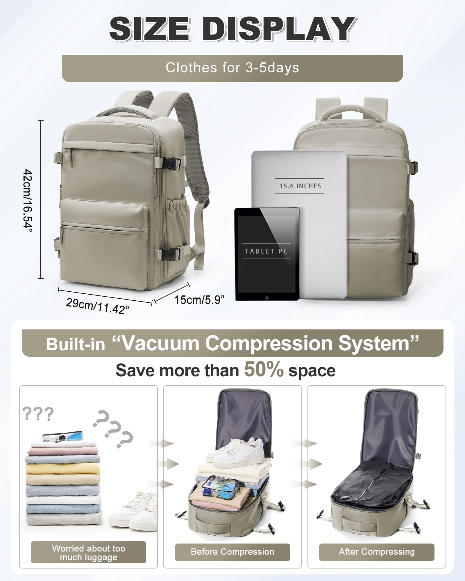 Travel Vacuum Backpack with Air Pump, Vacuum Seal Carry on Backpack for Airplanes, Vacuum Back Pack for Travel Backpack with Vacuum Compression Business Day Vacpack Backpack for Women Men Brown