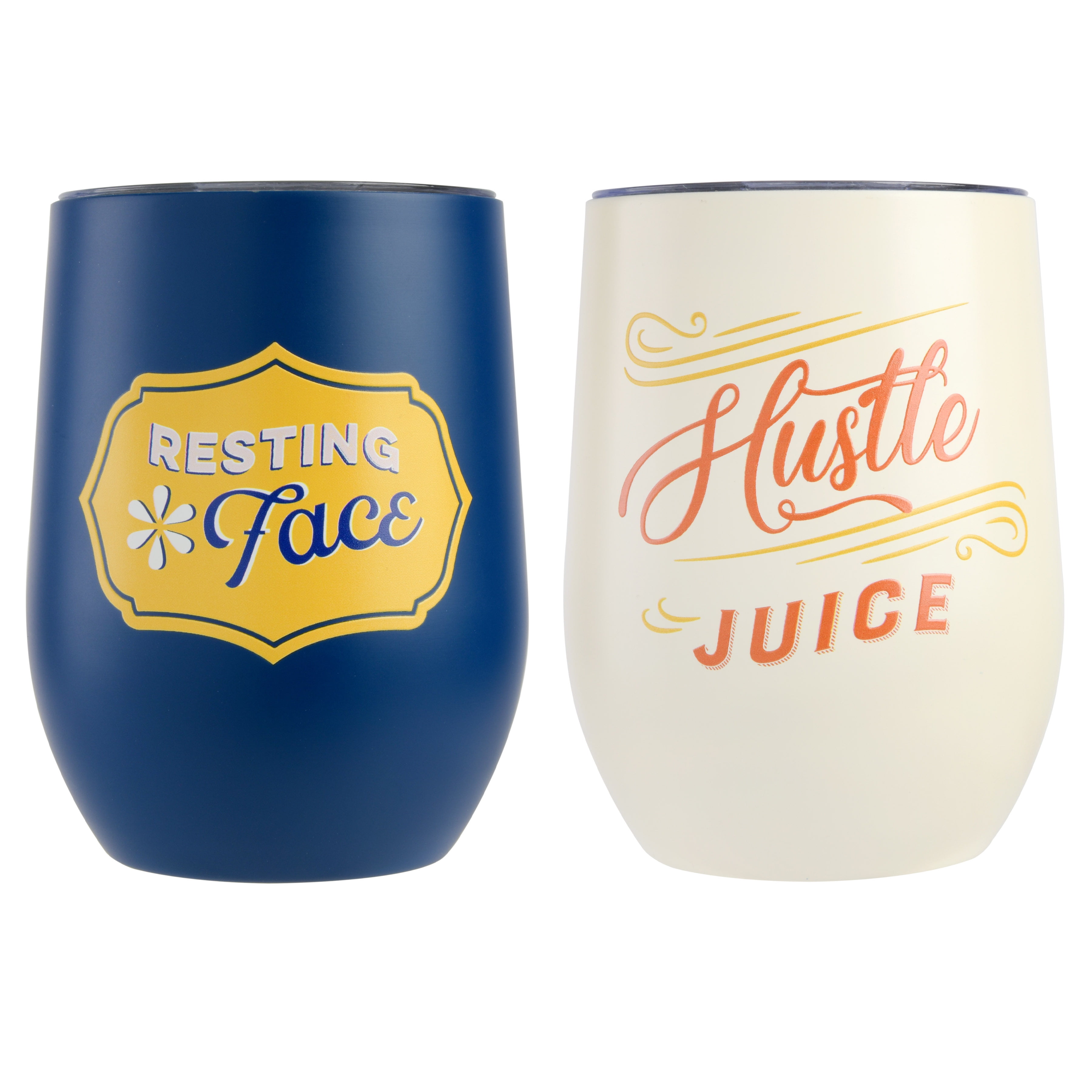 Wanda June Home Saucy Sippers White & Blue 12-ounce Stainless Steel Stemless Wine Glasses with Lid, Set of 2  by Miranda Lambert