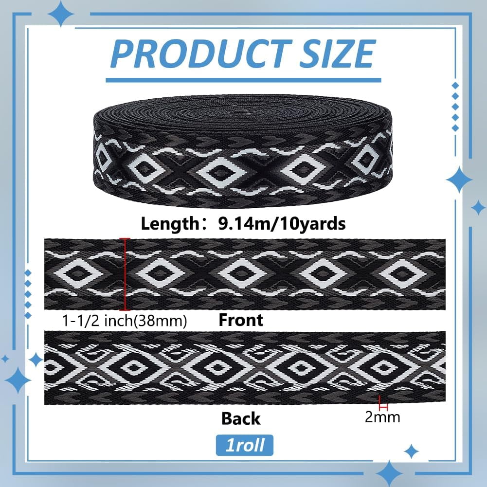 10Yards/9.1m Polyester Webbing Strap 1-1/2 inch Wide Black Color Ethnic Style Double Sides Rhombus Polyester Ribbon Sewing Embellishment