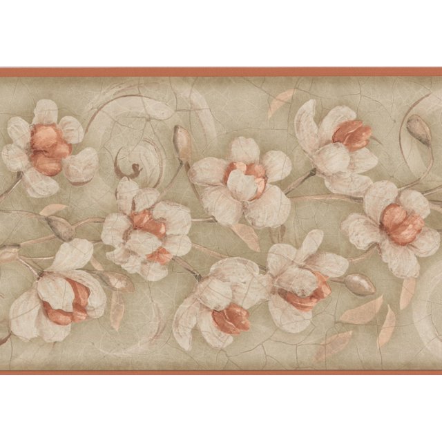 White Brown Flowers Grey Floral Wallpaper Border Retro Design, Roll 15' x 7''