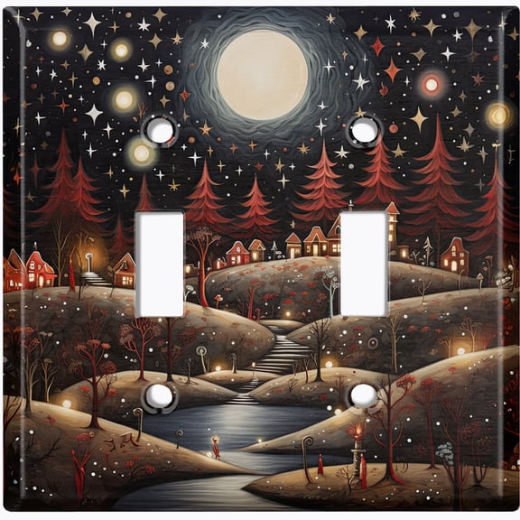 Metal Light Switch Wall Plate Outlet Cover (Printed Image of Snowy Winter Village - Double Toggle)