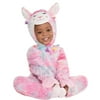 Party City Soft Cuddly Llama Halloween Costume for Babies, Hooded Onesie, Blue, Pink and Purple, 12-24 Month