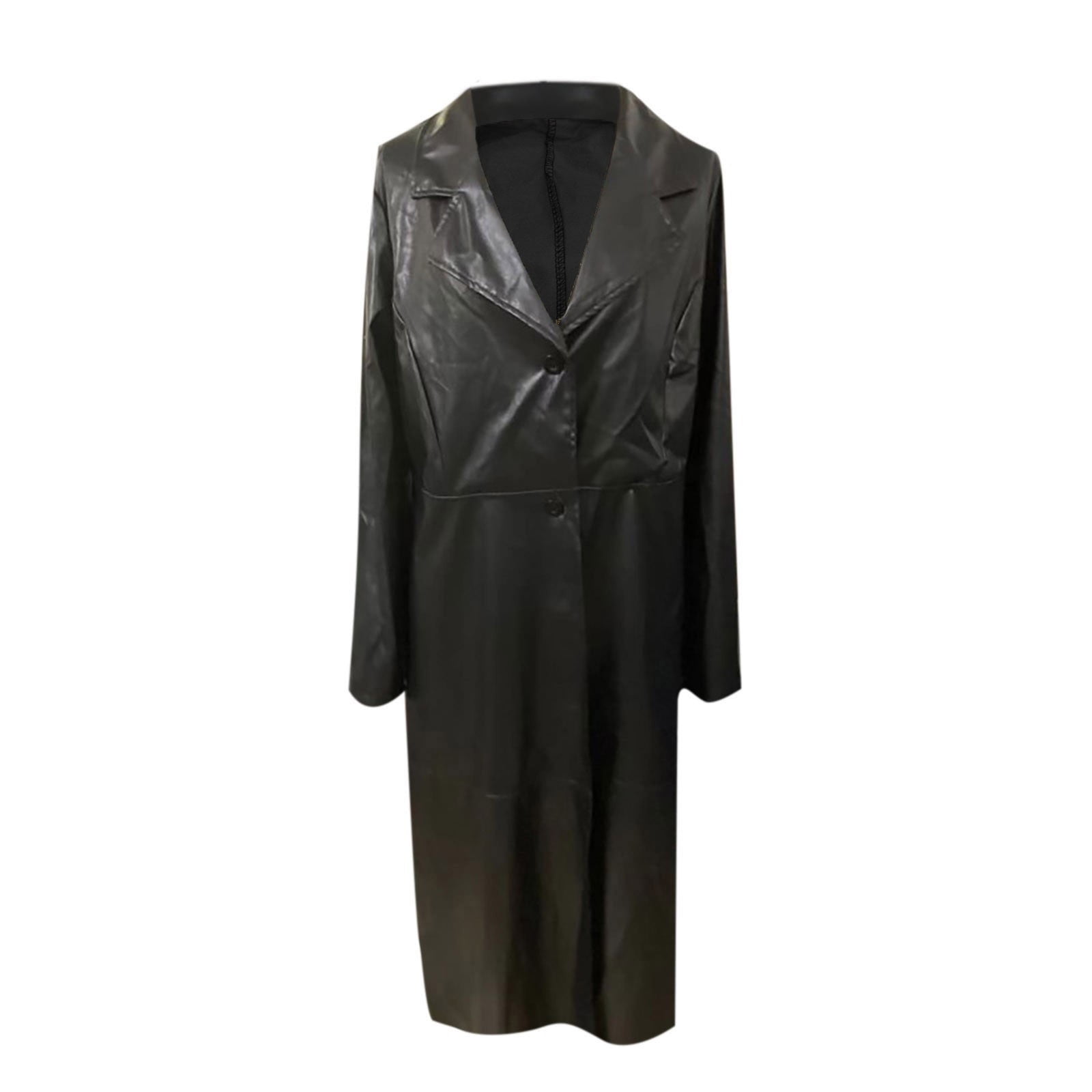 BLTIBY Womens Faux Leather Trench Coat Solid Color Fashion Zip Up Motocycle Long Jacket Windbreaker Slim Fit Autumn Winter OverCoat Black S