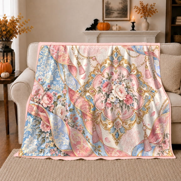 Ornate Floral Medallion Pink Roses Gold Filigree Vintage, Cozy Friendship Quote Scene, Warm Flannel Blanket for Living Room and Reading Nook, Art Lovers Friendship Gift, Artistic Home Decor