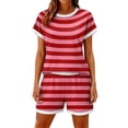 thumbnail image 3 of Sewkxo Two Piece Sets for Women Stripe Summer Lounge Short Sets Shorts Sleeve Crew Neck Sweatsuit with Pocket,Hot Pink L, 3 of 5