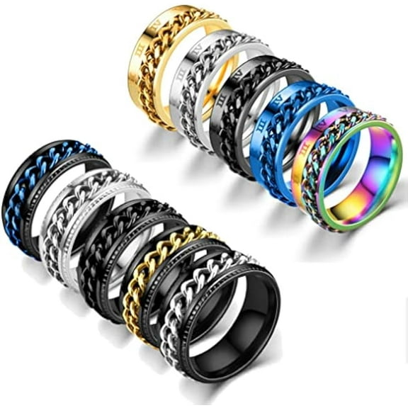 10 Pcs 8mm Stainless Steel Ring Spinner Fidget Band Chain Rings for Men Women Polished Wedding Cool Ring, Size 7-11