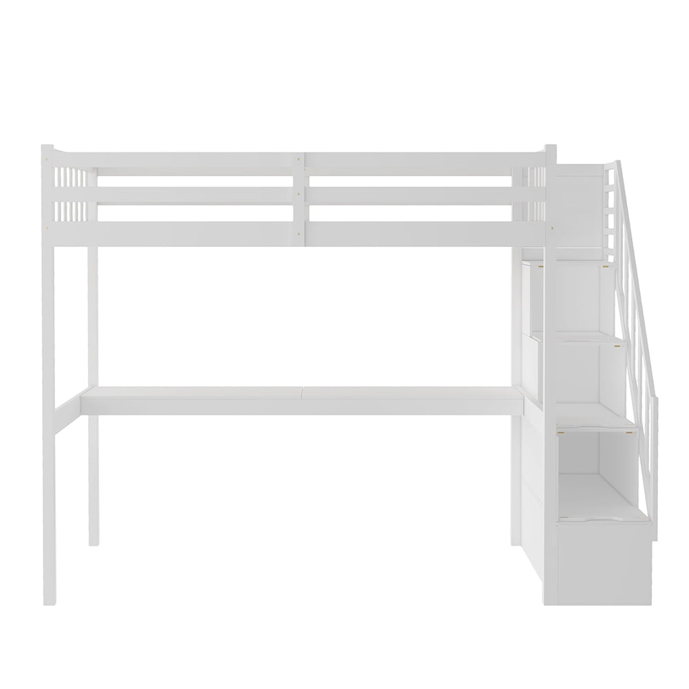 Kadyn Wooden Loft Bed with Storage Stairs, Under-bed Desk and Gaming Area, Twin, White Kadyn Wooden Loft Bed with Storage Stairs, Under-bed Desk and Gaming Area, Twin, White