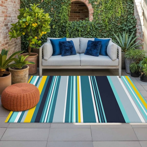 Teal Yellow Stripes Indoor Outdoor Rugs 4x6 Ft, Lines Art Outdoor Patio Rugs Mat Washable Outside Area Rugs Carpet for Porch Deck RV Camping Pool Balcony Backyard