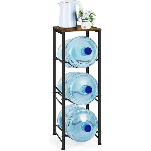 5 Gallon Water Jug Holder 3-Tiers Water Dispenser Stand Rack, Water Bottle Organizer with Storage Shelves for Kitchen Living Room Office, Rustic Brown